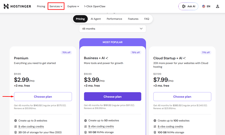 Choose Plan in Hostinger