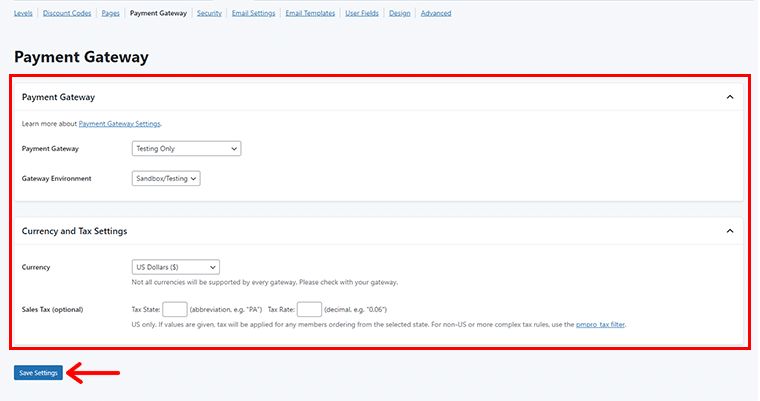 Choose Payment Gateway Set Currency & Tax and Click on Save Settings
