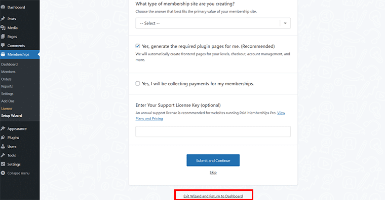 Click on Exit Wizard & Return to Dashboard to Work Later