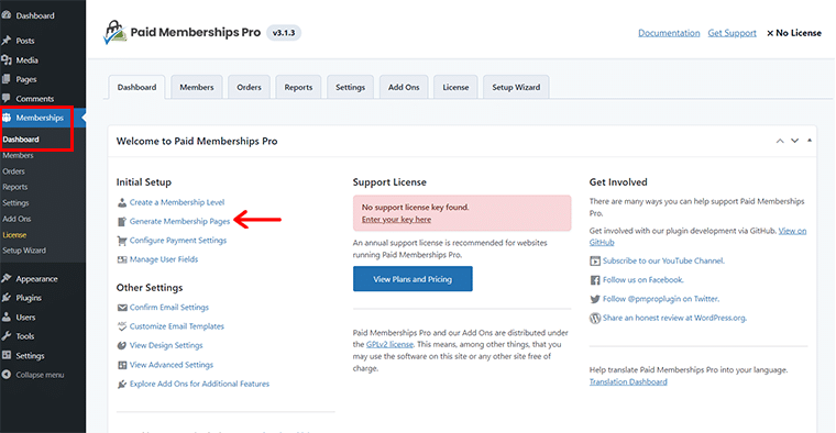 Click on Generate Membership Pages