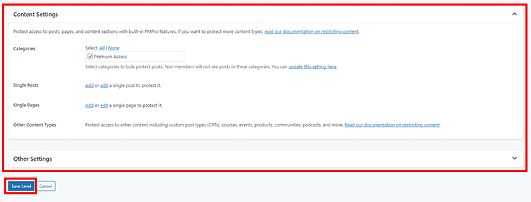 Configure Content & Other Settings & Click on Save Level
