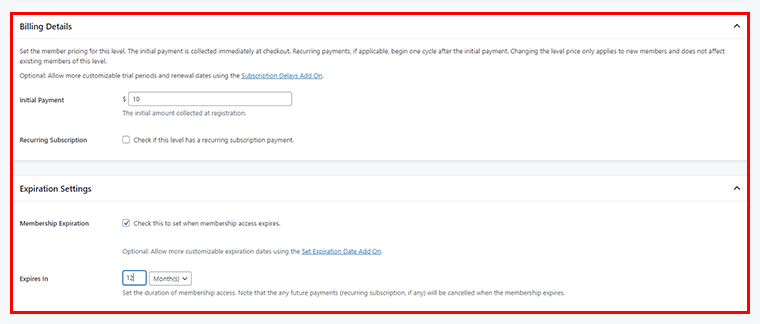 Configure Billing Details & Expiration Settings