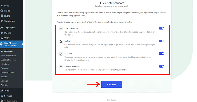 Enable the Required Options & Click on Continue
