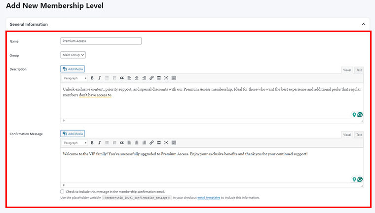 Fill in Required Details to Add New Membership Level