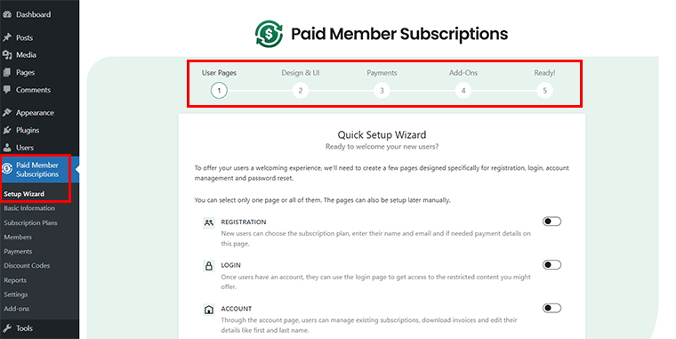 Glimpse of Paid Member Subscriptions Setup Wizard