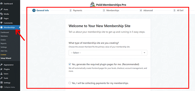 Glimpse of Paid Memberships Pro Setup Wizard