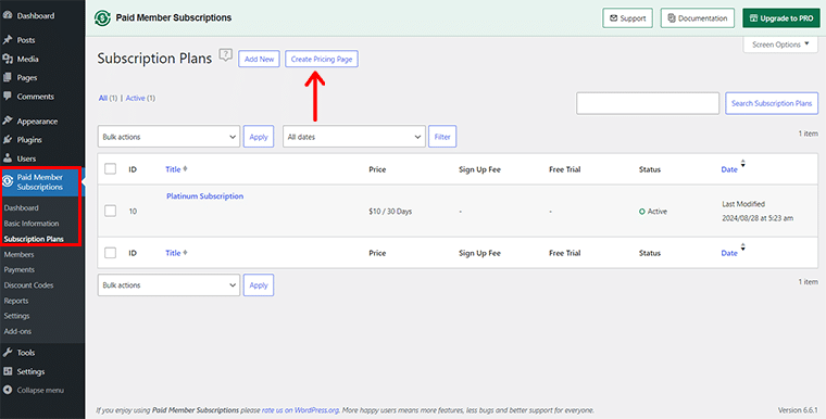 Go to Subscription Plans & Click on Create Pricing Page