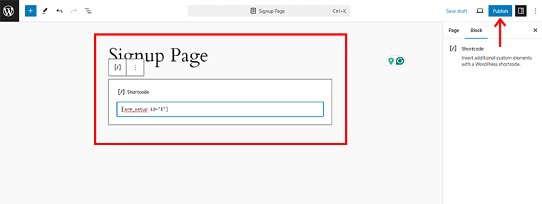 Paste the Shortcode & Click on Publish