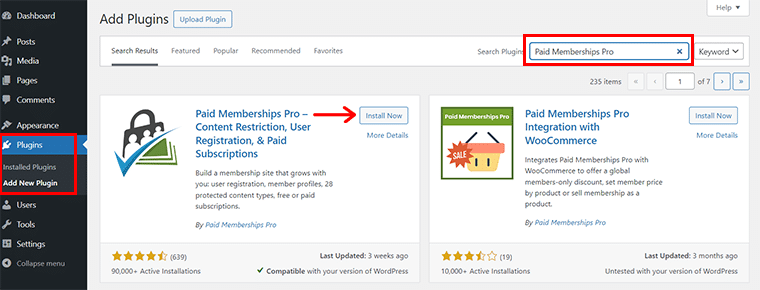Search and Install Paid Memberships Pro Plugin