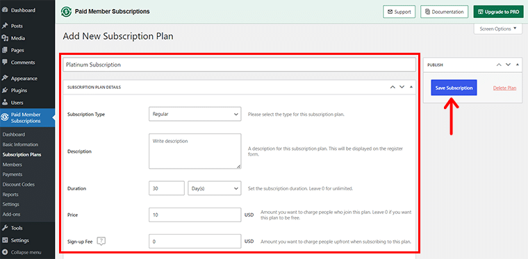 Specify Details to Add Your New Subscription & Click Save Subscription
