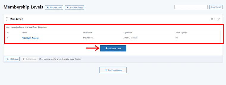 View the New Membership & Click Add New Level to Create More