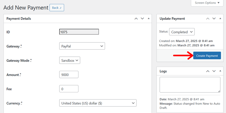 Create a Payment by Admin