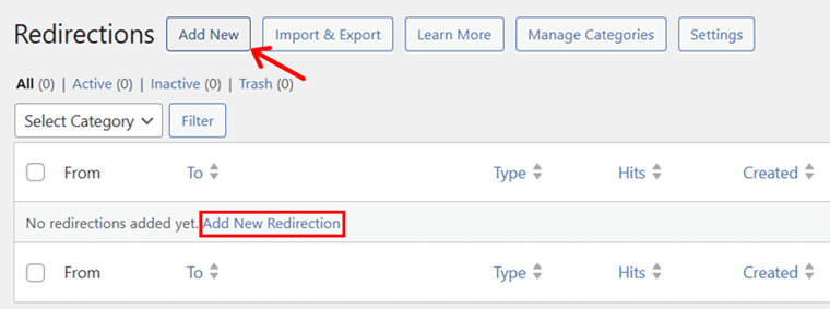 Add New Redirection Button