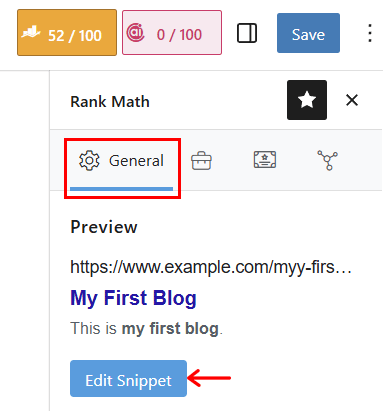 Edit Snippet in General Rank Math Settings