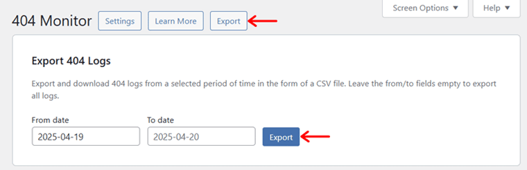 Export Errors Between Duration