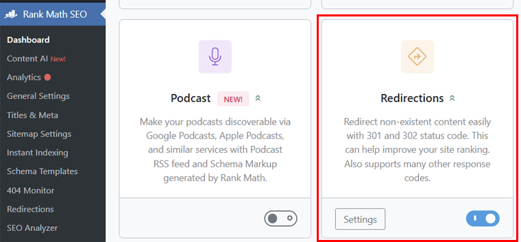 Rank Math Redirection Feature