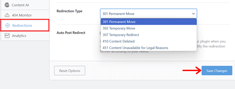 Save Changes to Redirections