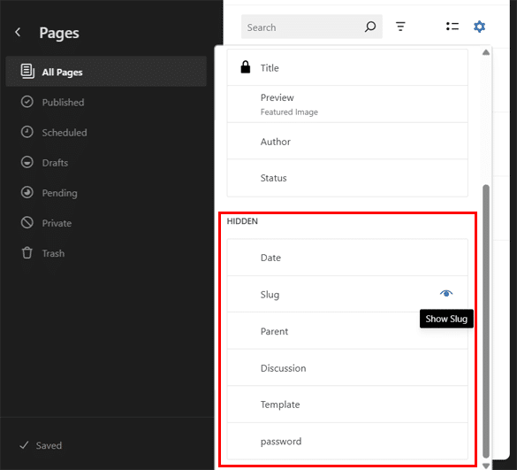 Show Hidden Data View Options