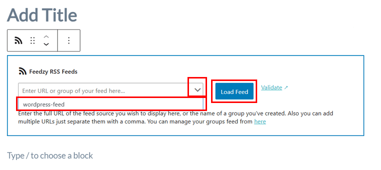 Add RSS Feed URL to Feedzy Block