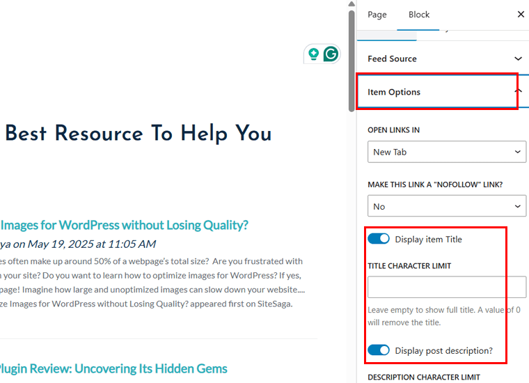 Configure Item Option in Feedzy