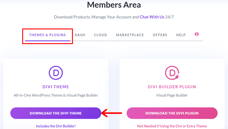 Download Divi Theme on Members Area