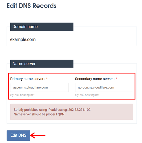 Edit DNS Nameservers and Save the Changes