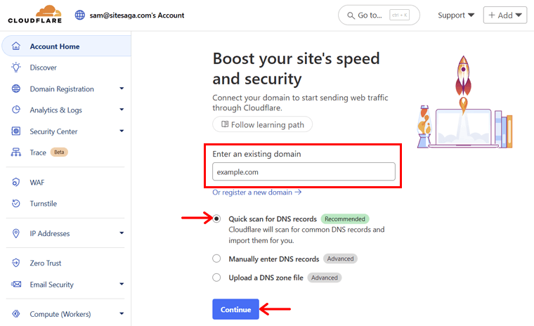 Enter Your Site Domain and Continue