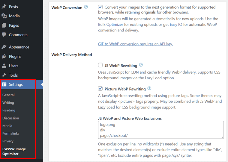 EWWW Image Optimizer Settings