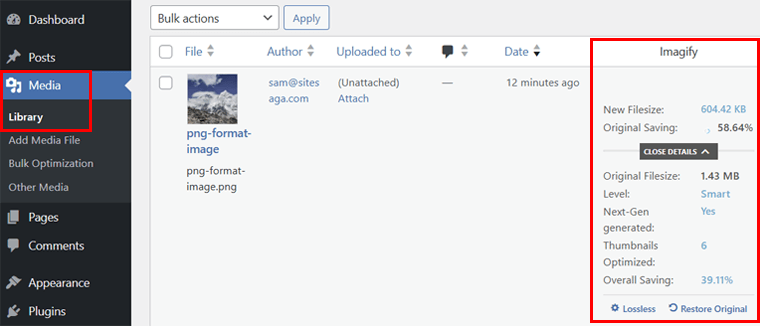 Imagify Image Optimization Details