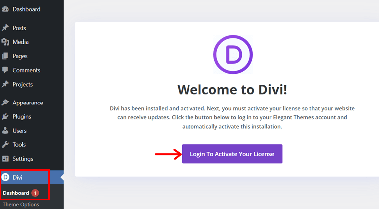 Login to Activate the Divi License