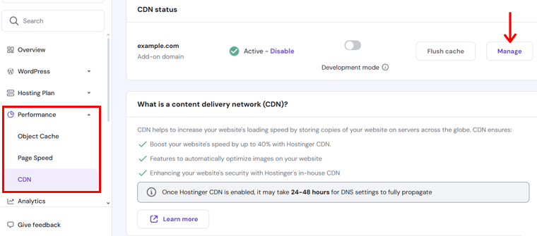 Pick the Manage CDN Function of Hostinger