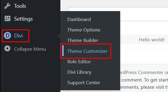 Open Divi Theme Customizer