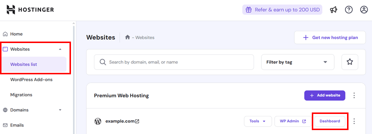 Open Website Dashboard of Hostinger