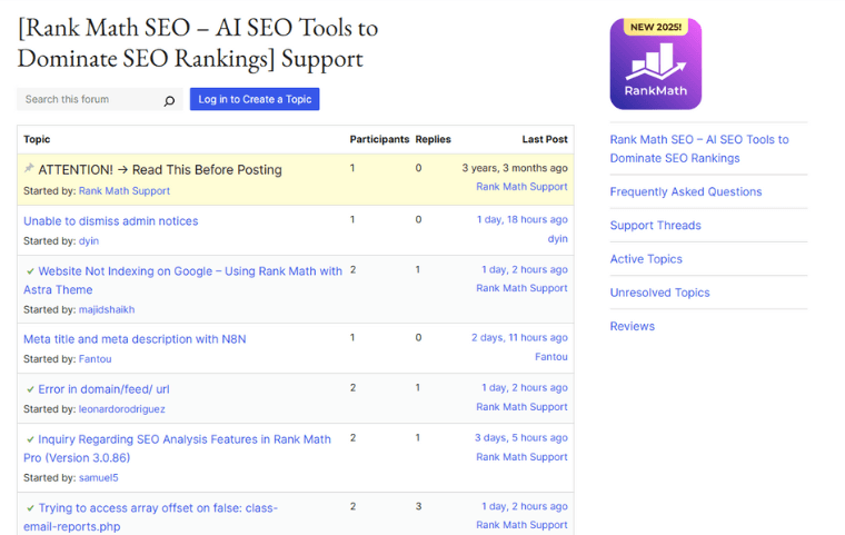 Rank Math Support Forum in WordPress.org