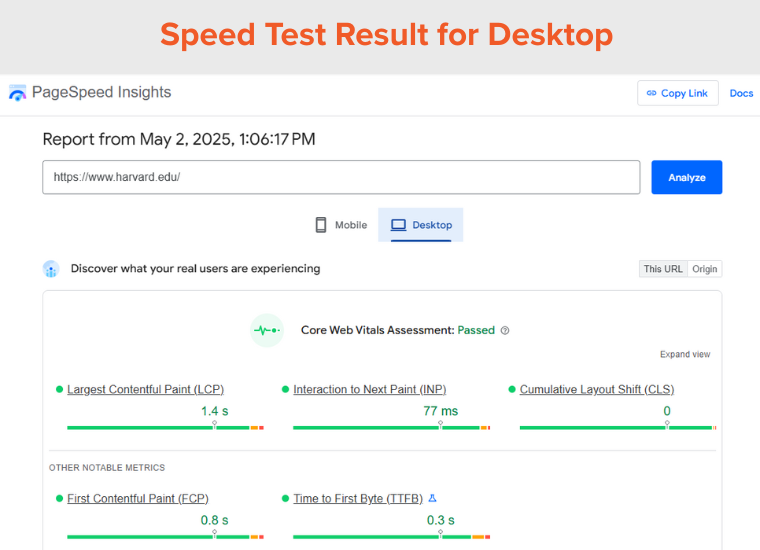 Speed Test Result for Desktop