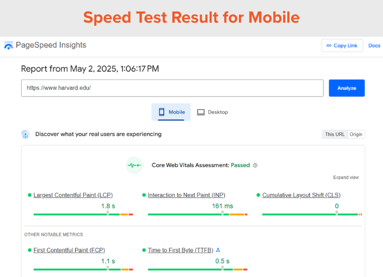 Speed Test Result for Mobile