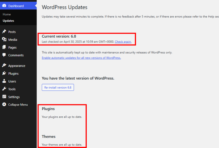 Update WordPress, Themes and Plugin in Dashboard