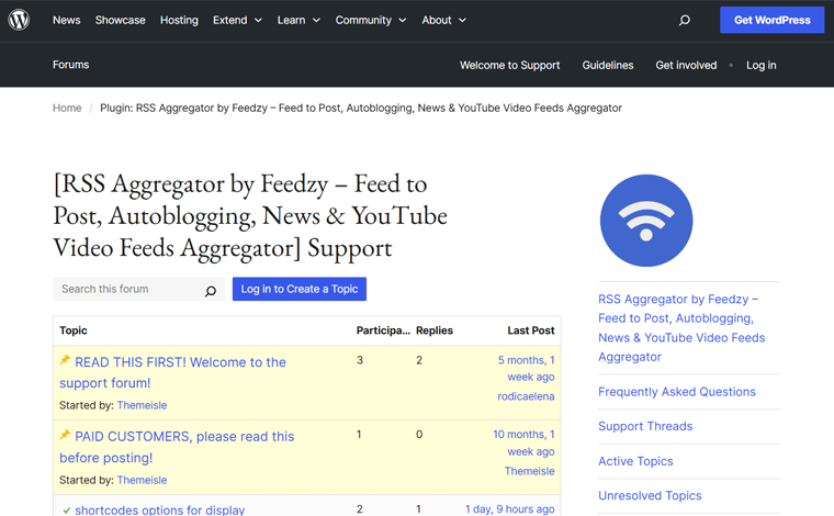 WordPress Forum Support Page of Feedzy