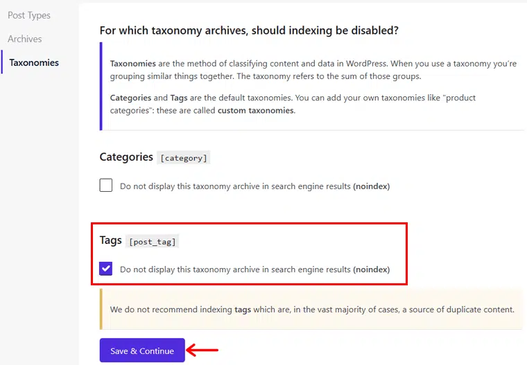 Tags NoIndex in Taxonomies