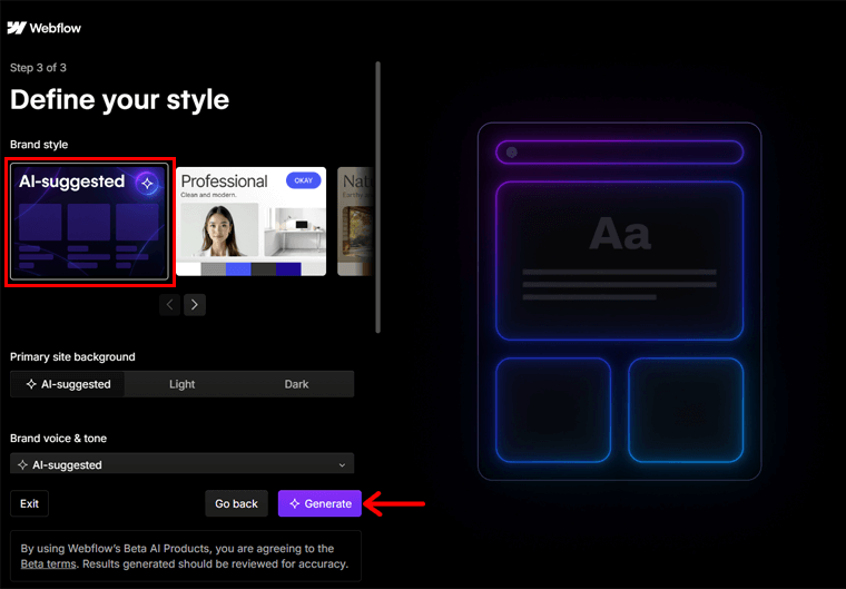 Prompt Based Site Generation Process