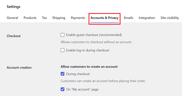 Account Creation in Account Page