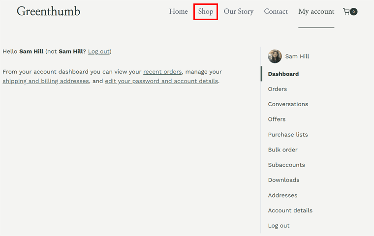 View Account Page Options and Go to Shop