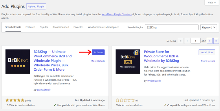 Activate the B2BKing Plugin