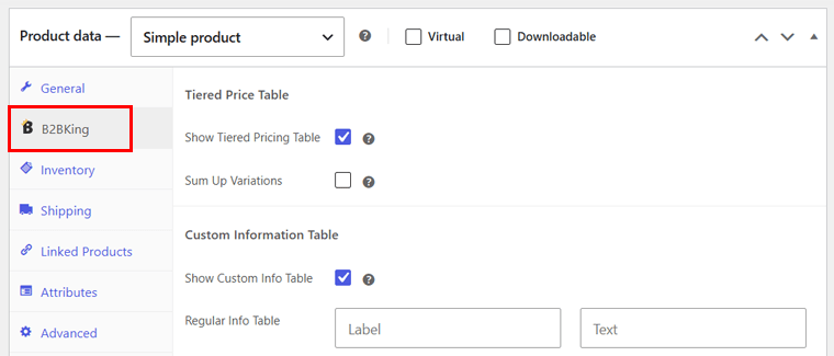 More B2BKing Product Data Settings