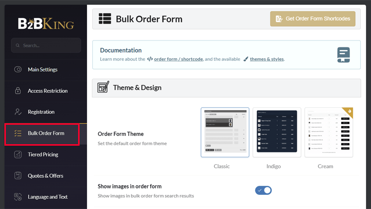 Bulk Order Form Settings