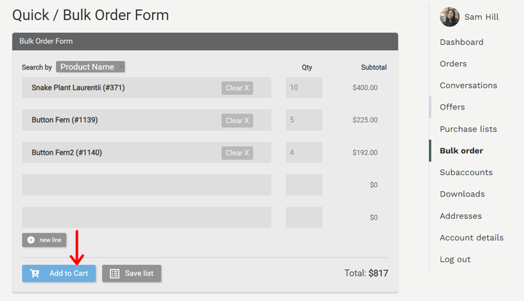 Use Bulk Order Form to Add Product to Cart