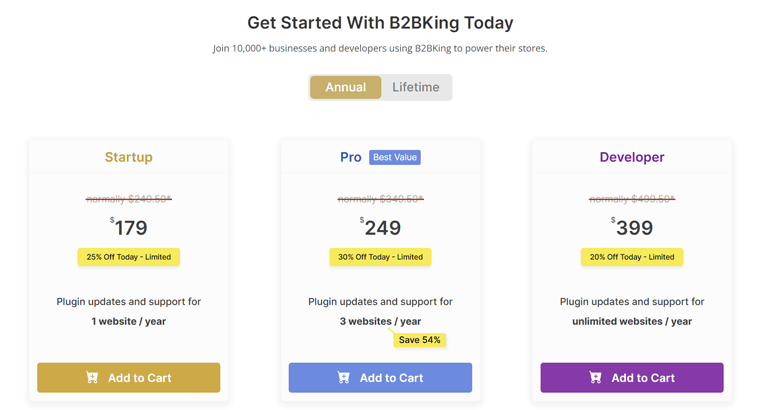 B2BKing Plugin Pricing Page