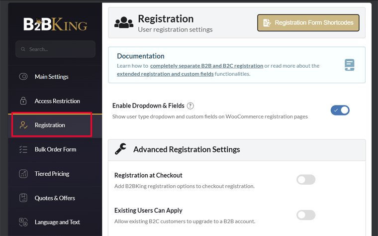 Registration Settings of B2BKing
