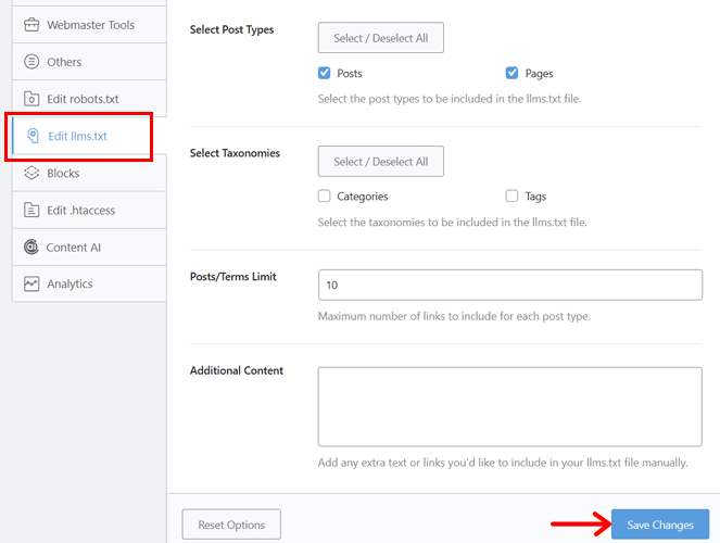 Save LLMS Txt Settings
