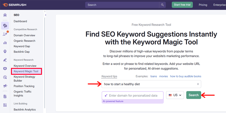 Search Keyword Intent in Keyword Magic Tool